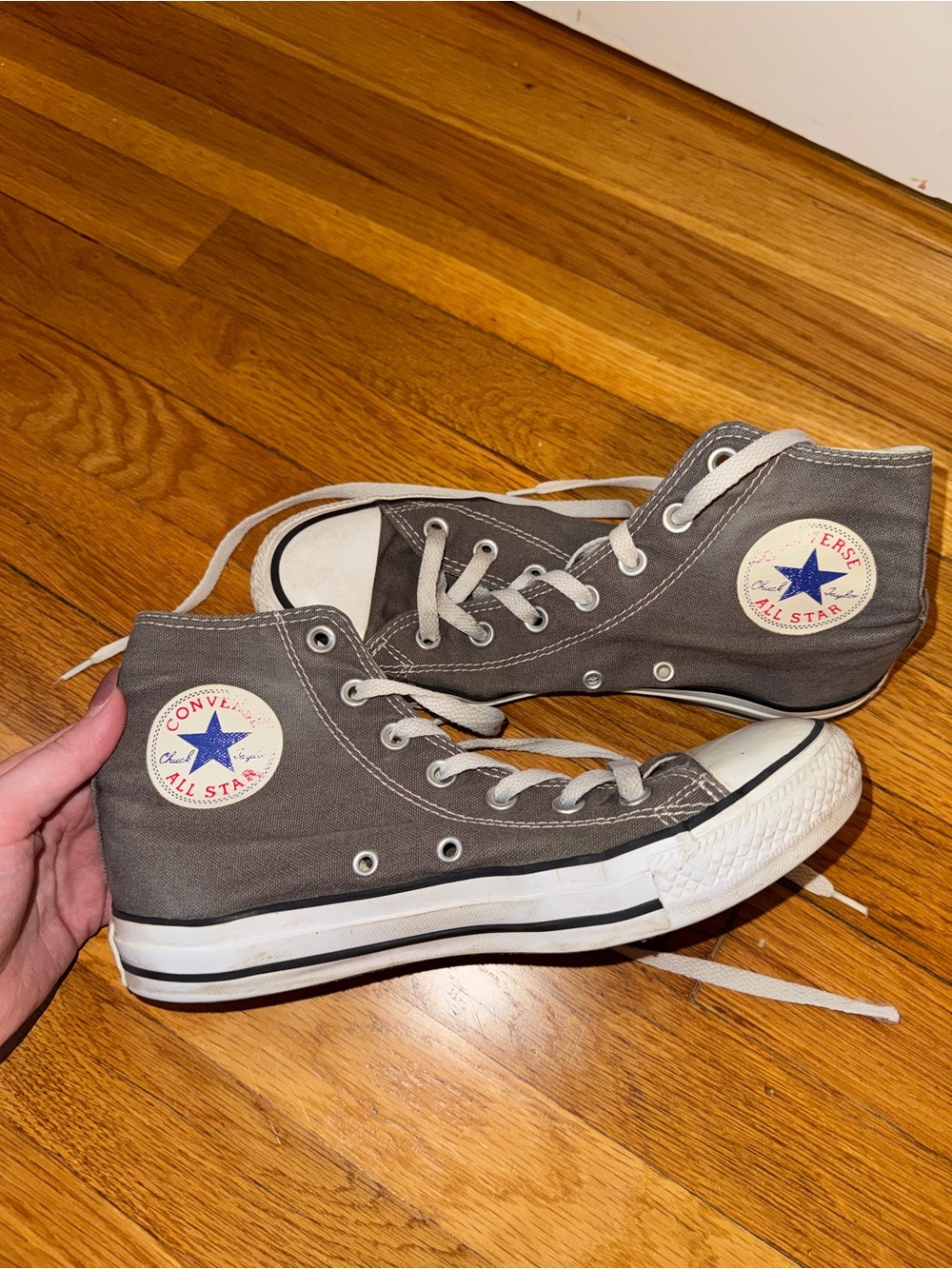 Converse High Top Sneakers in Gray and White with Blue Star Patch